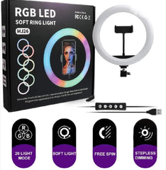 RGB Ringlight 26 CM MJ26 With Mobile Holder Adjustable Lighting For Photography Video Recording Makeup And Live Streaming